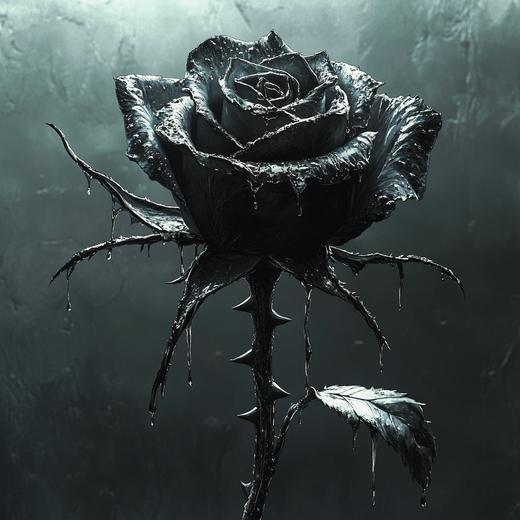 Dark, silver-lined rose with sharp, twisted thorns.