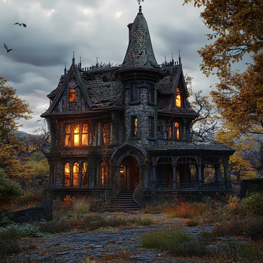 Dark, spooky Victorian house with eerie ambiance, Gothic style.