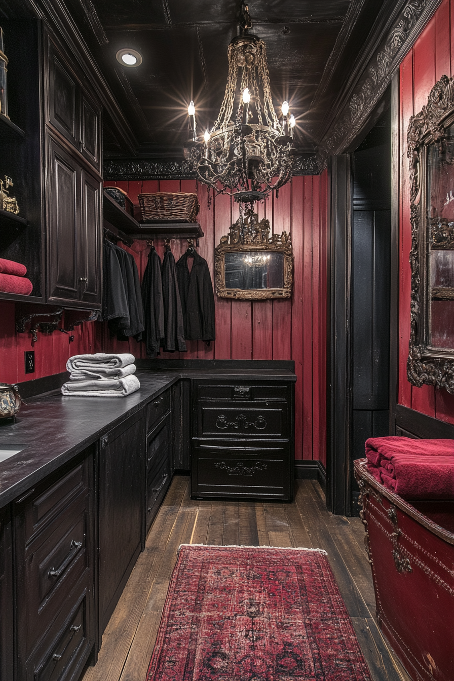 Dark, stylish laundry room with gothic chandeliers and leather.