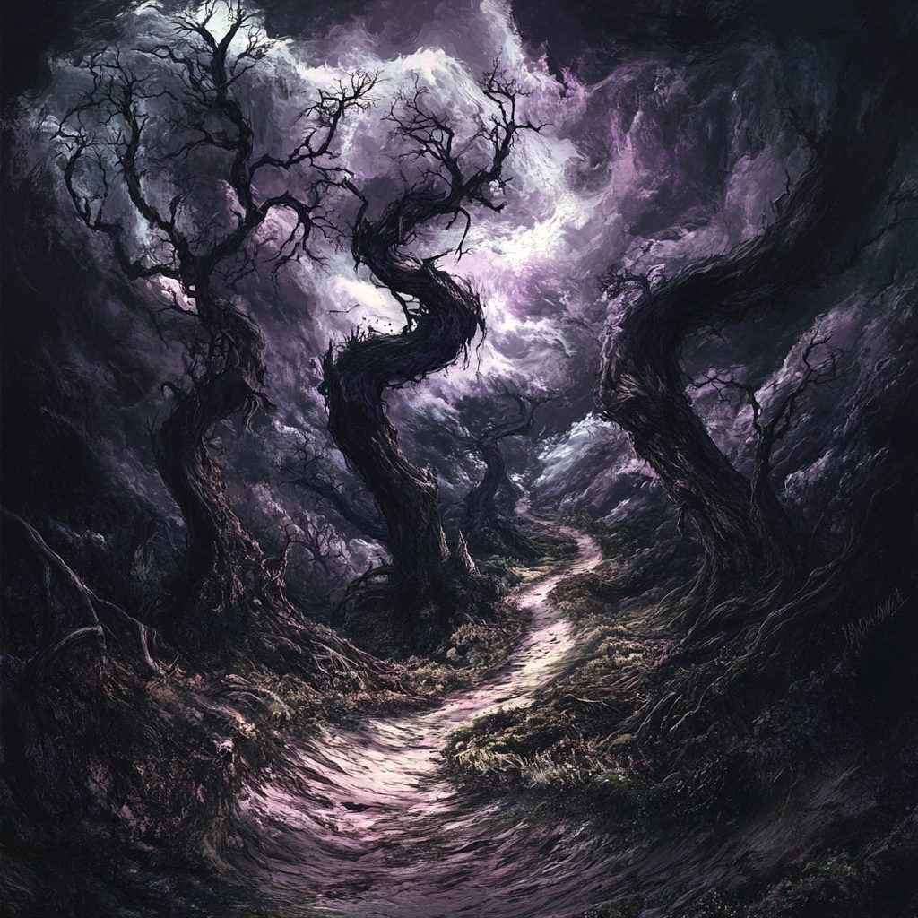 Dark, surreal landscape with twisted, contorted elements evoke unease.