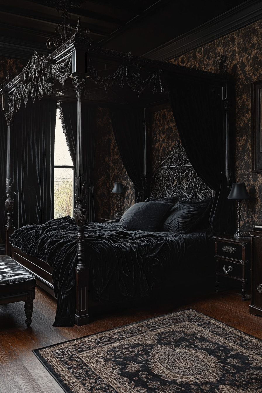 Dark Decadent Western Gothic bedroom with velvet, candelabra, tapestries.