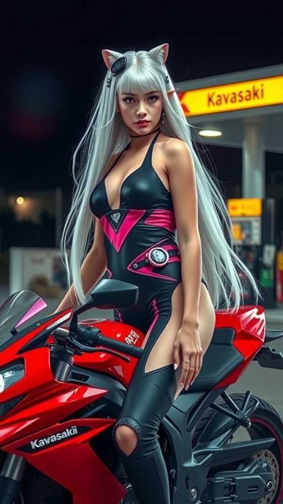 Dark Elf Girl in Sleeveless Dress on Sports Bike