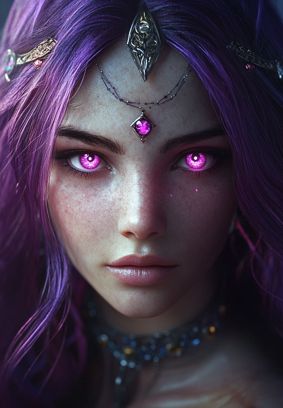 Dark Elf Woman with Purple Hair and Pink Glowing Eyes