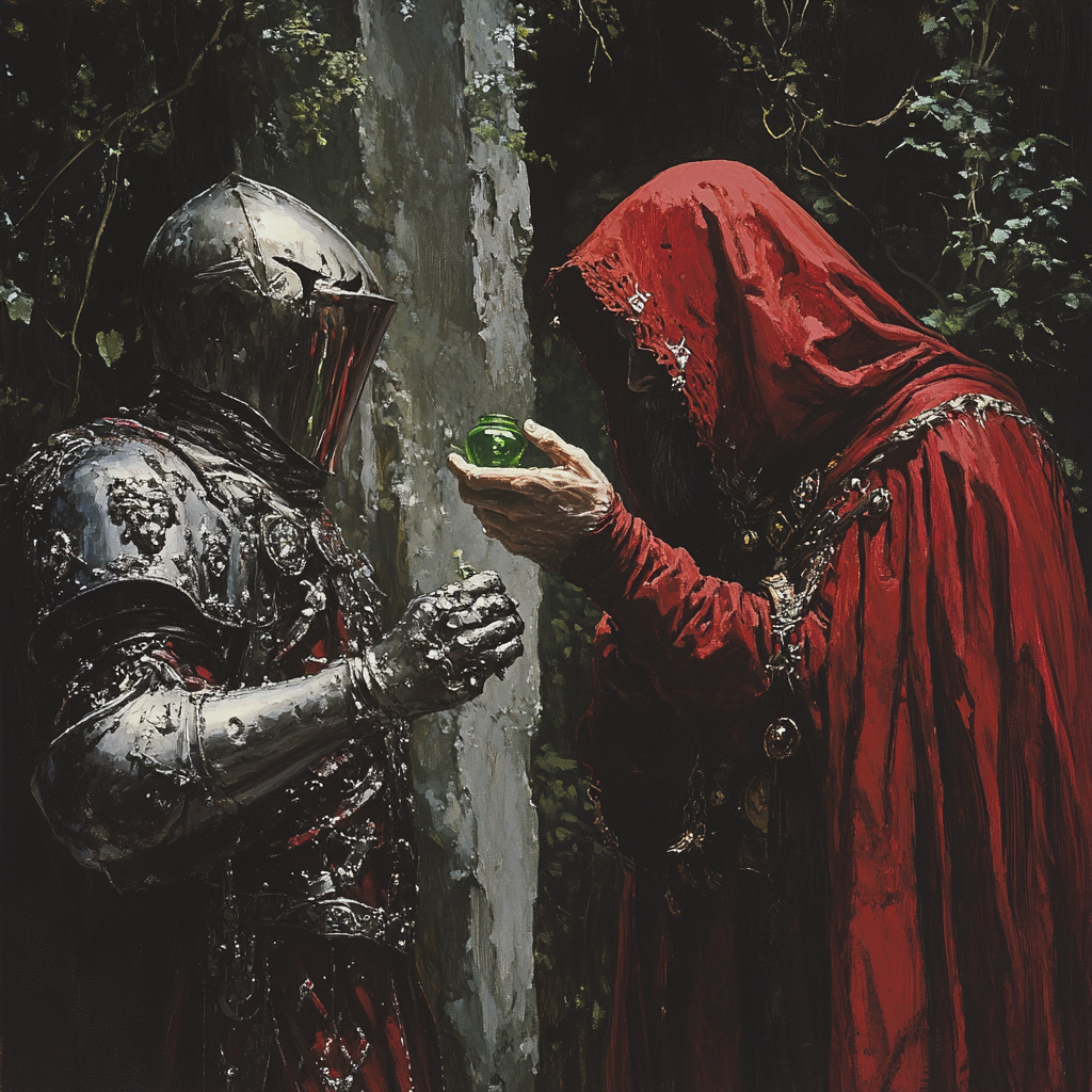 Dark Fantasy Elden Ring Wizard Offers Potion to Knight