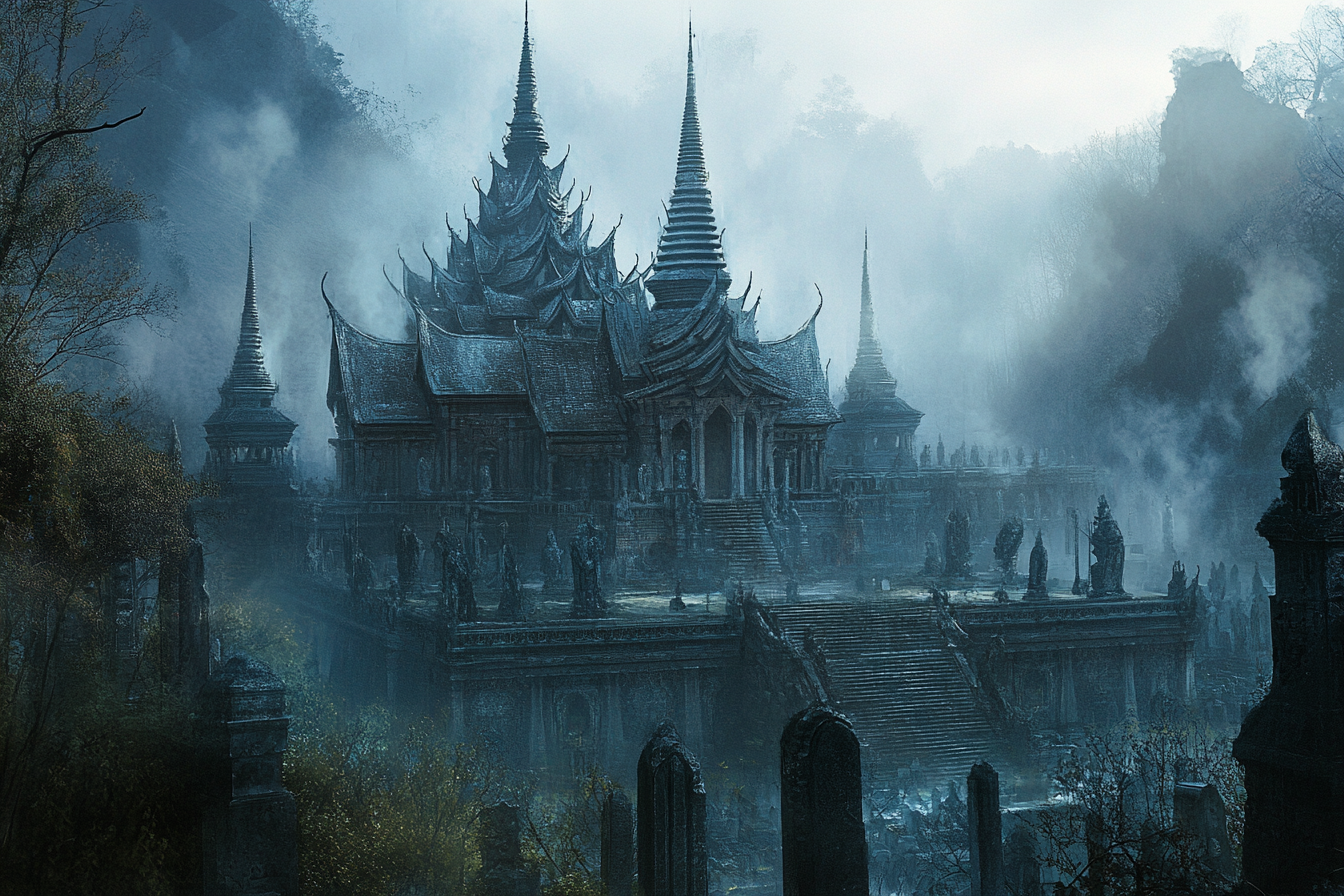 Dark Fantasy Temple in Decay Graveyard