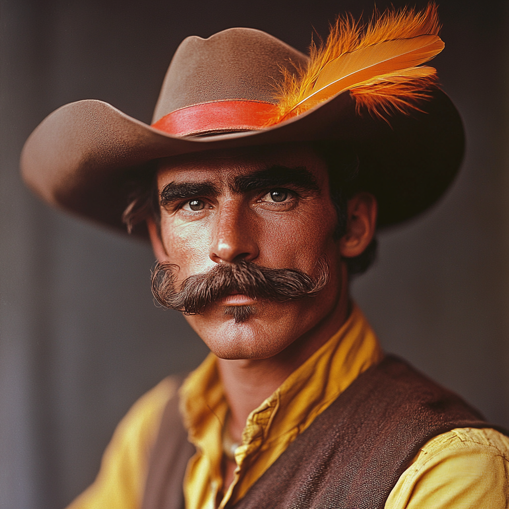 Dark-Featured Adventurous Cowboy Portrait, Serious Expression, Mid-Twenties 