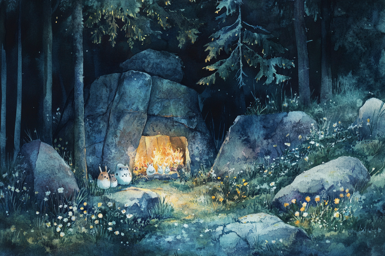 Dark Forest with Cute Animals, Kids, Fire, Book - Watercolor - AR 3:2