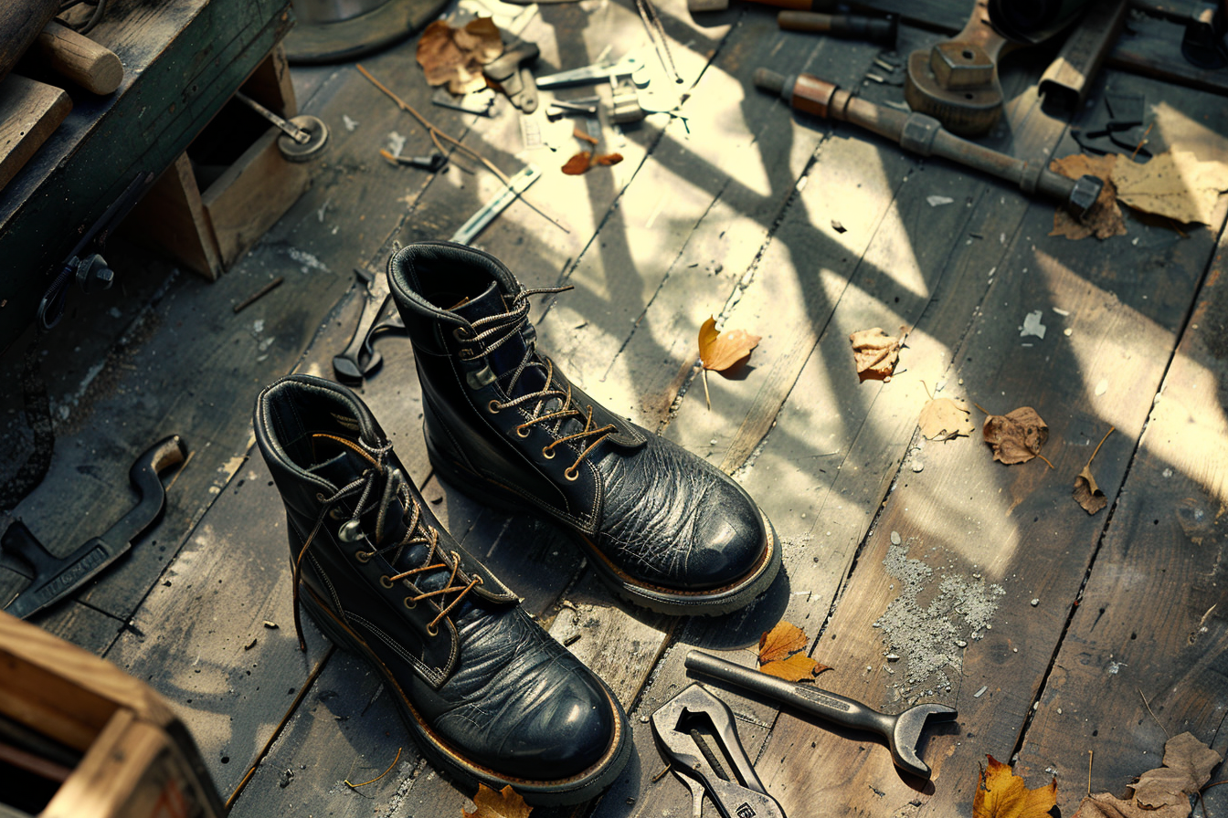 Dark Grey Boots and Handyman Tool: Industry Style