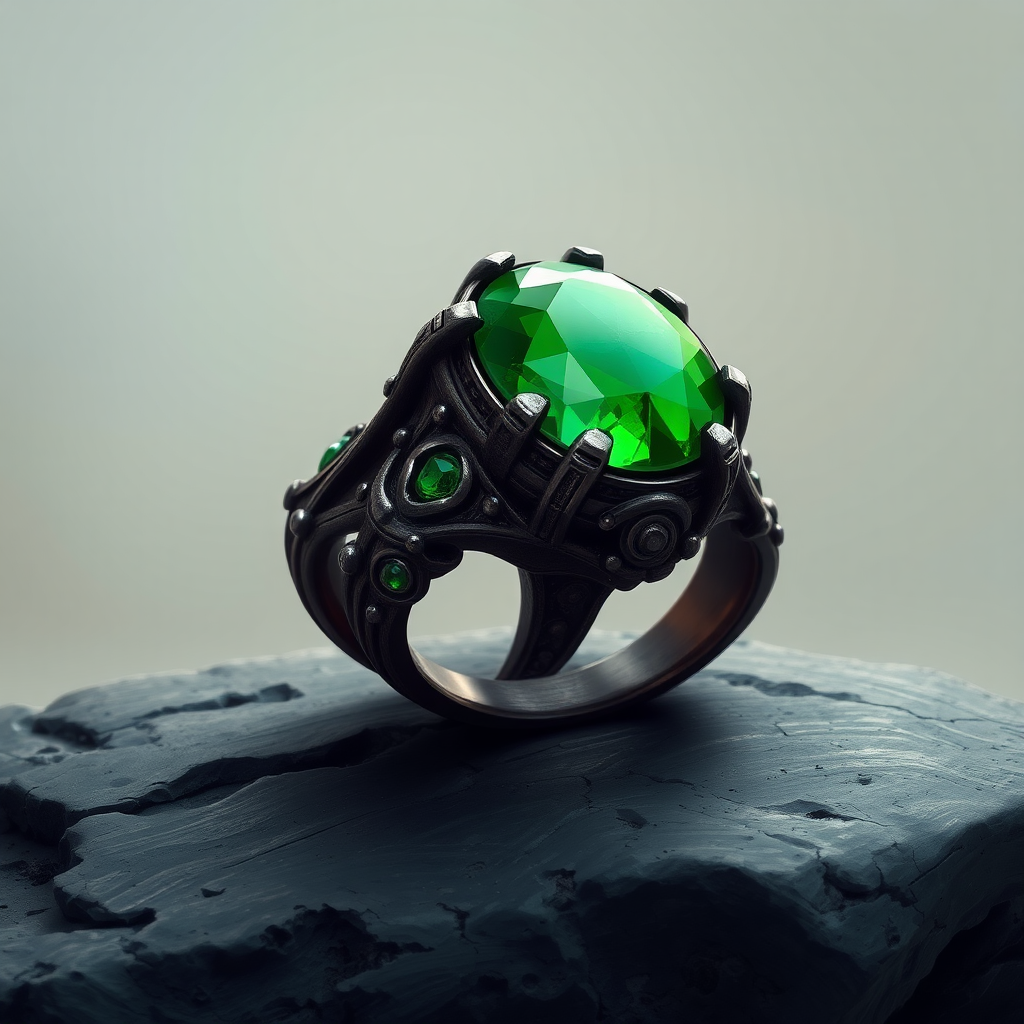 Dark Metal Ring with Green Magic Stone on Stone Ground