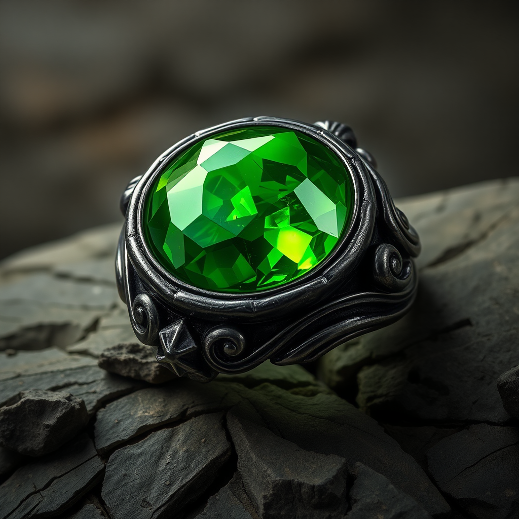 Dark Metal Ring with Green Magic Stone