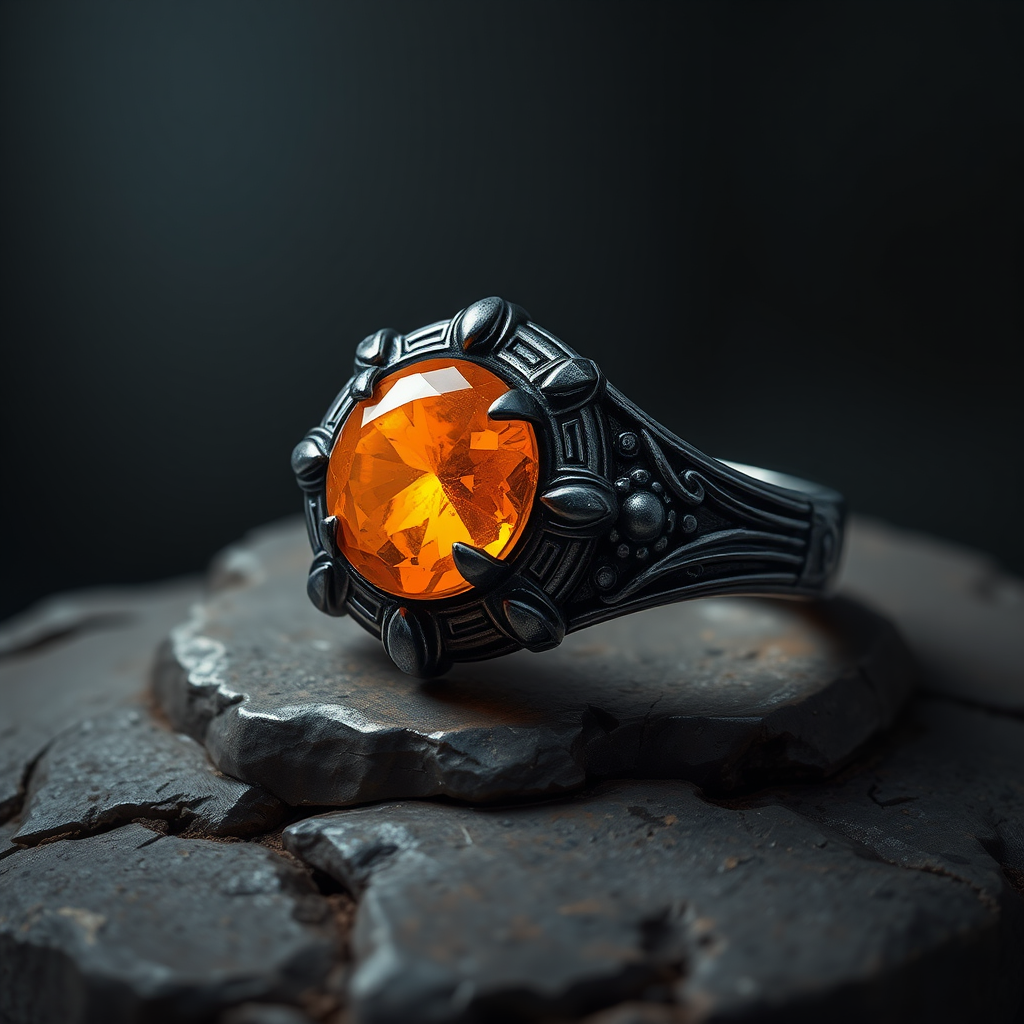 Dark Metal Ring with Orange Magic Stone Sample AI Image