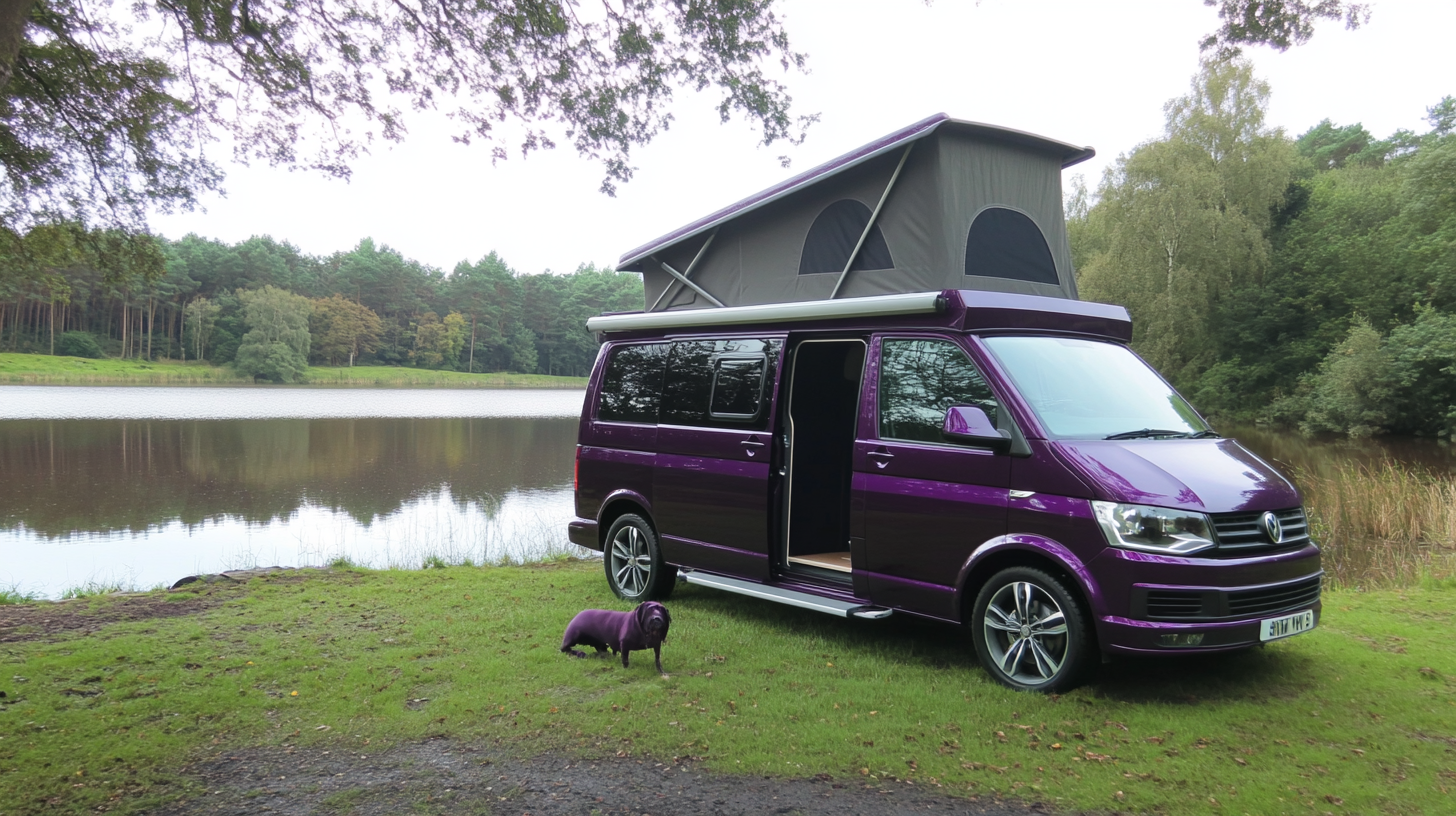 Dark Purple Blackberry Metallic 2014 T5 Transporter Camper Van with Pop Top, Side Awning, Dogs by Lake - Raw Style 16:9