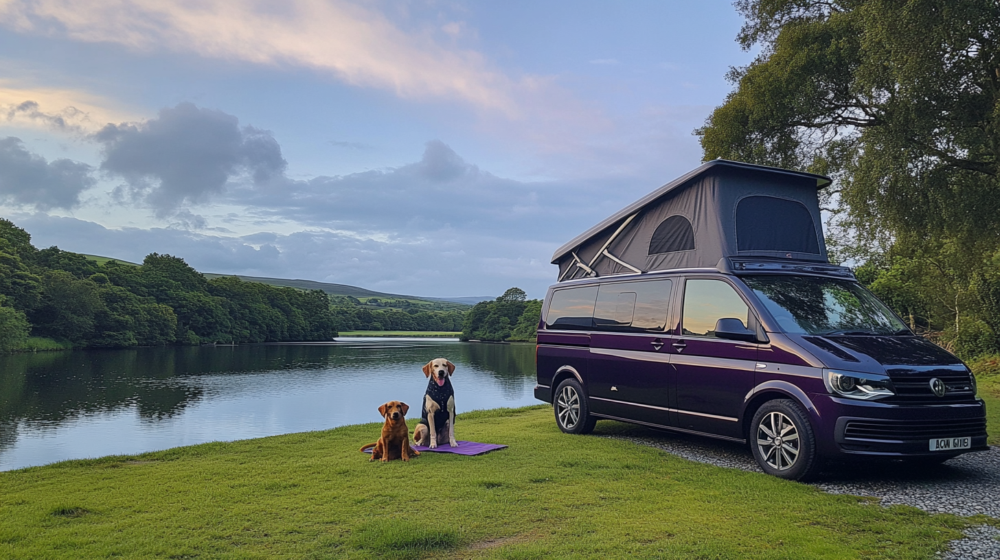 Dark Purple Blackberry Metallic Camper Van with Dogs