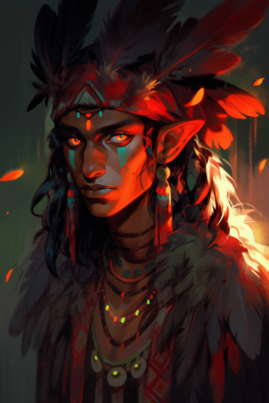 Dark Skin Elf Shaman in Feathers Portrait