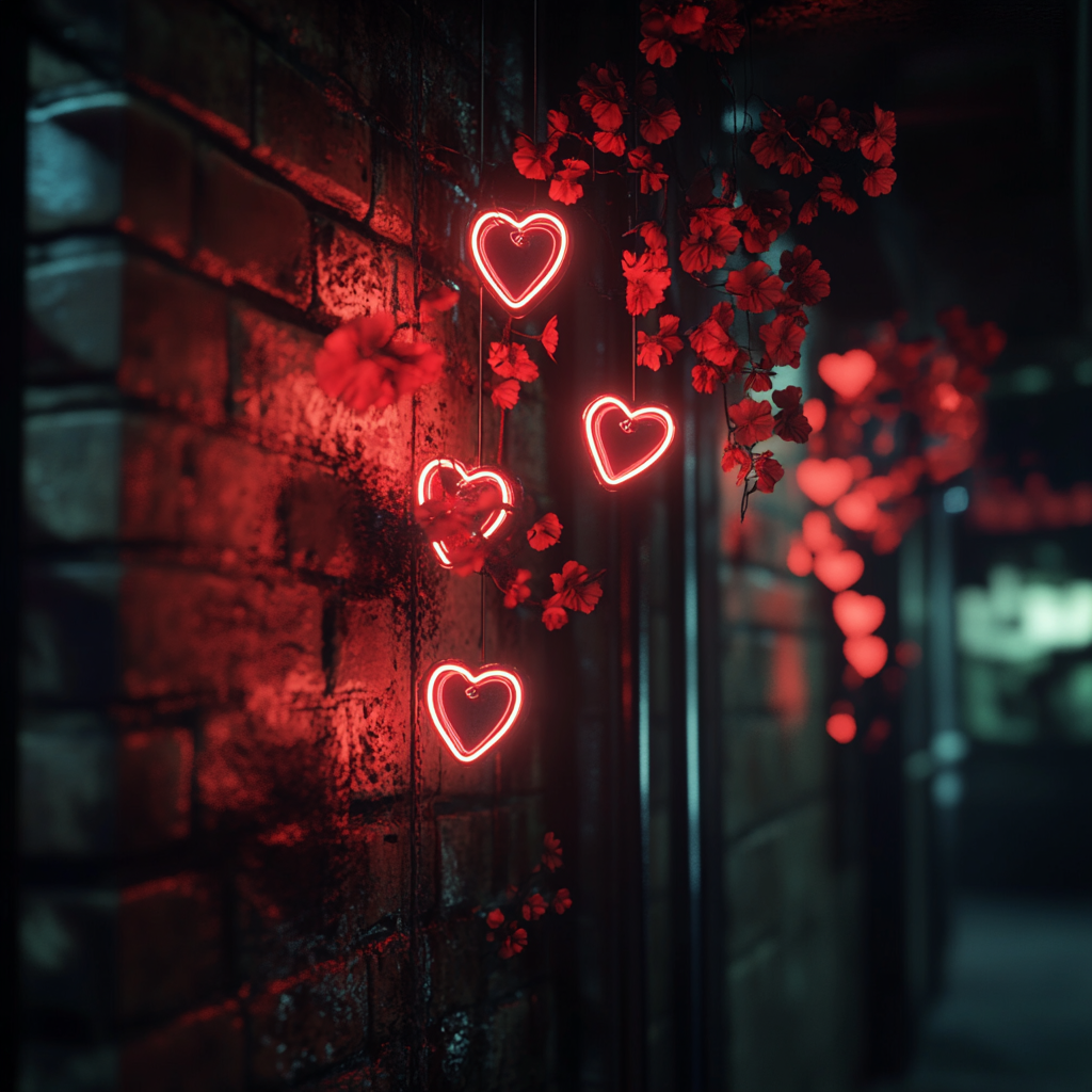 Dark Wall with Neon Signs of Broken Hearts, Red Kisses, and Flowers - Cinematic 8K Real Photo