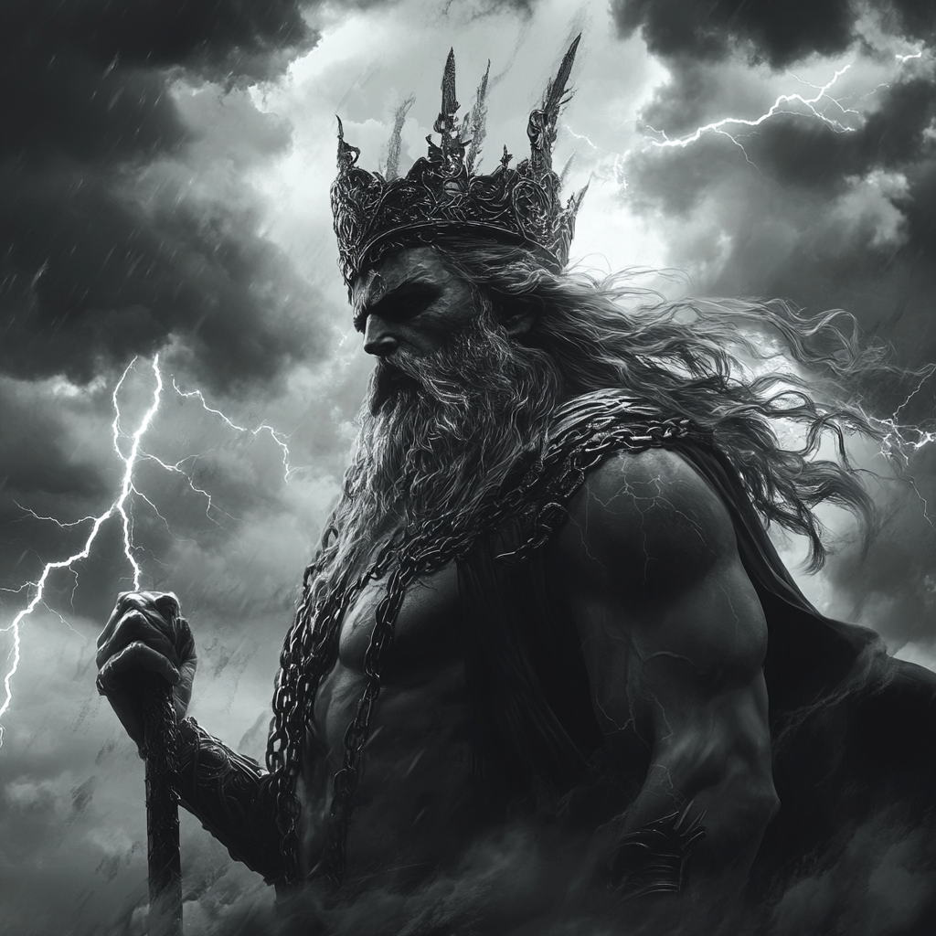 Dark Zeus with Lightning, Crown and Stormy Sky