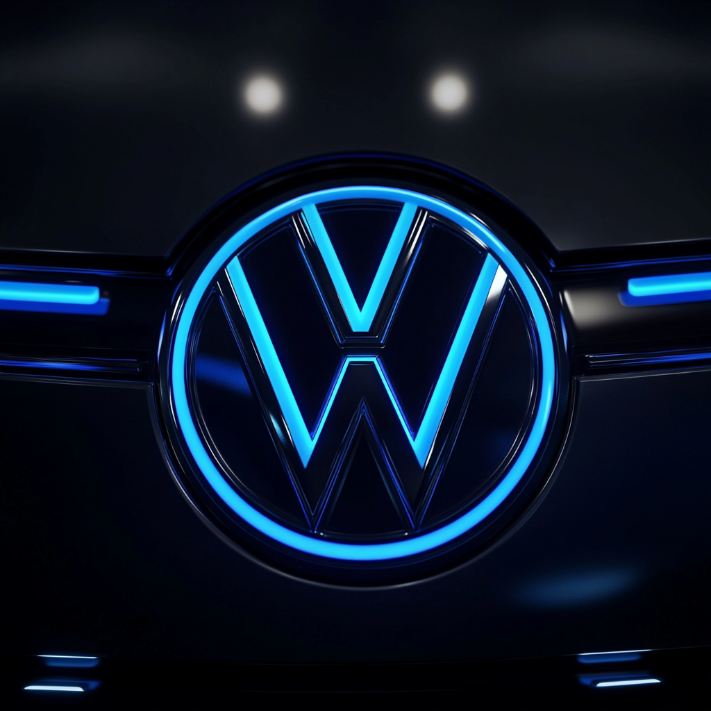 Dark abstract graphic, close-up of glowing Volkswagen logo.