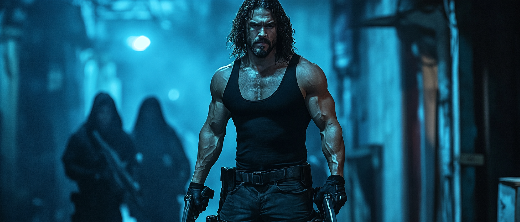 Dark action movie poster with muscular protagonist holding guns.