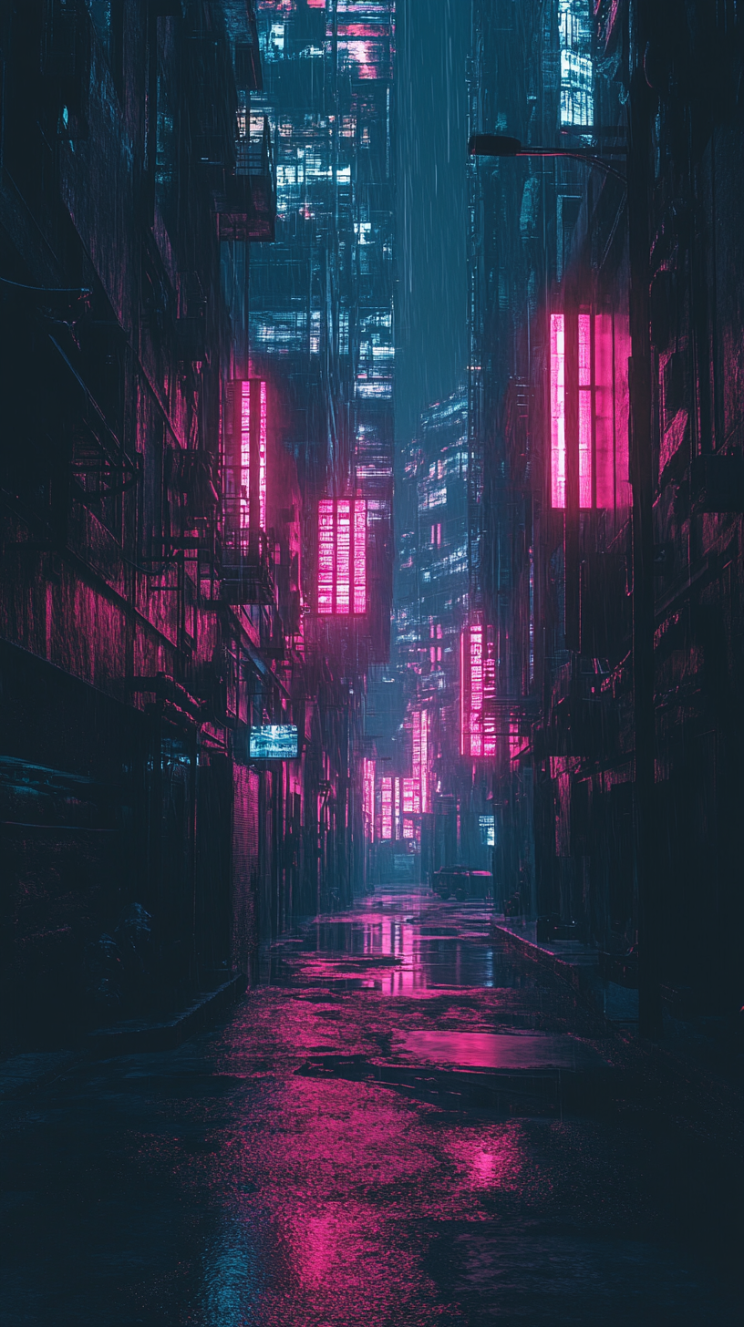 Dark alley, neon lights, symmetrical, atmospheric. Futuristic dystopian cityscape.