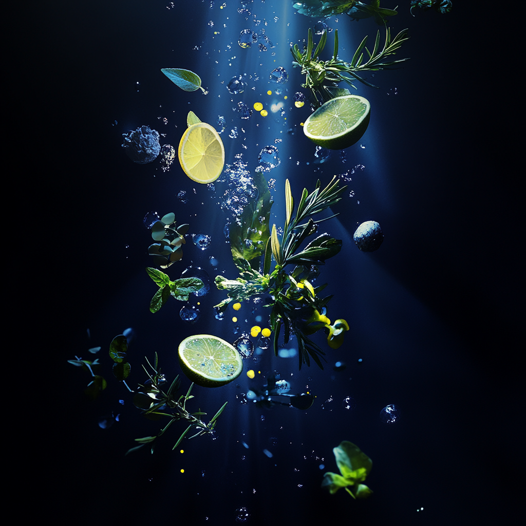 Dark background, blue light, floating natural ingredients, sleek futurist.