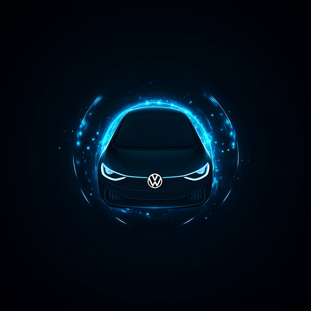 Dark background, flat Volkswagen logo, blue pulsating energy.