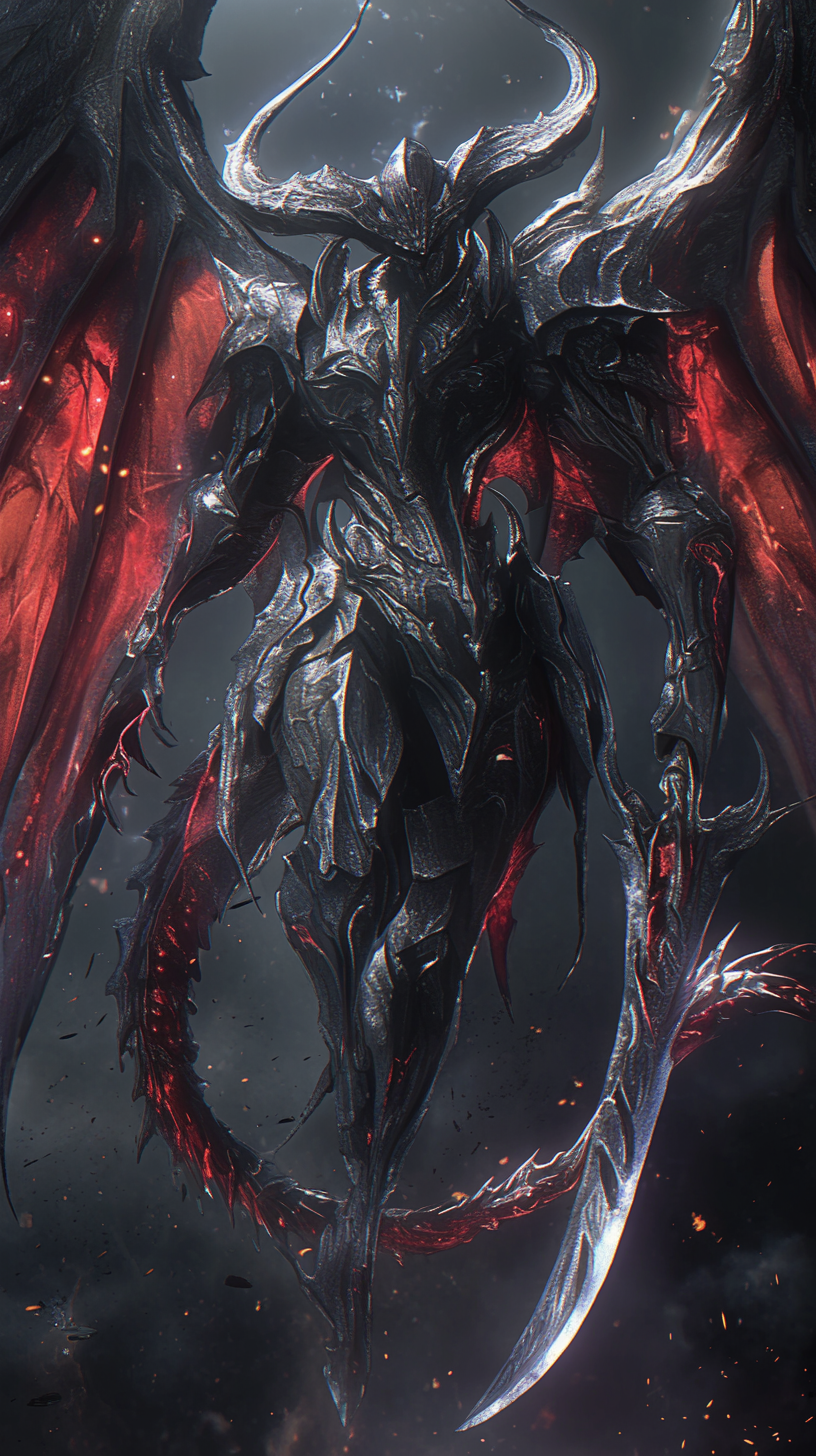 Dark blue metallic dragon with bright red wings, humanoid-like.