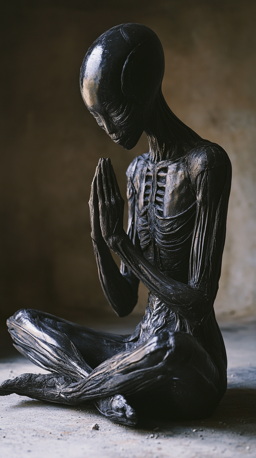 Dark blurry giger deity meditating in eerie portrait.