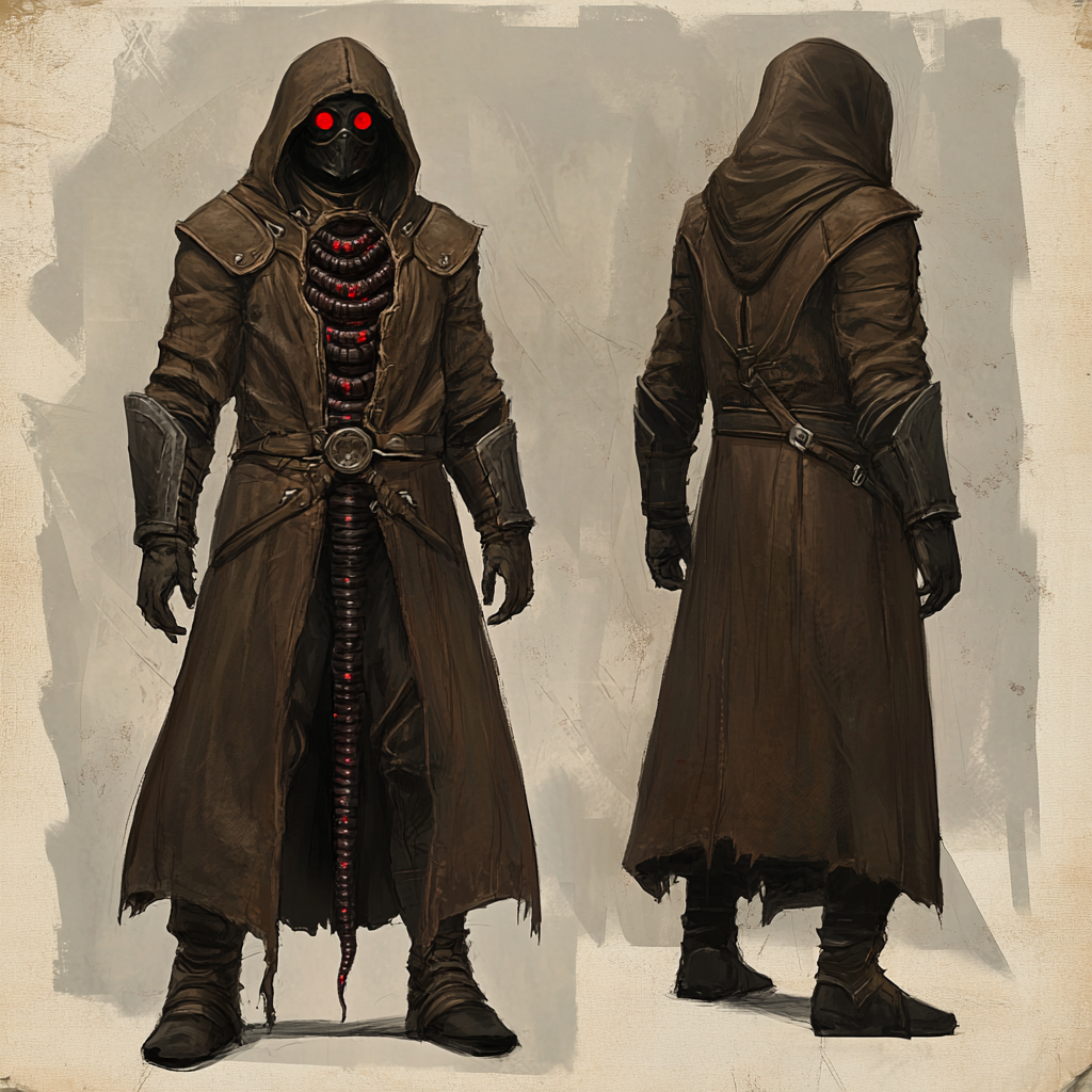 Dark brown leather armor, red-eyed inquisitor with centipede features.