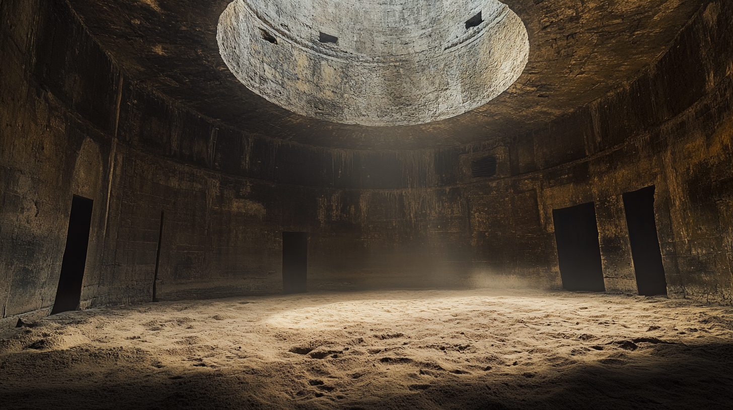 Dark circular room in ancient ruin filled with sand.