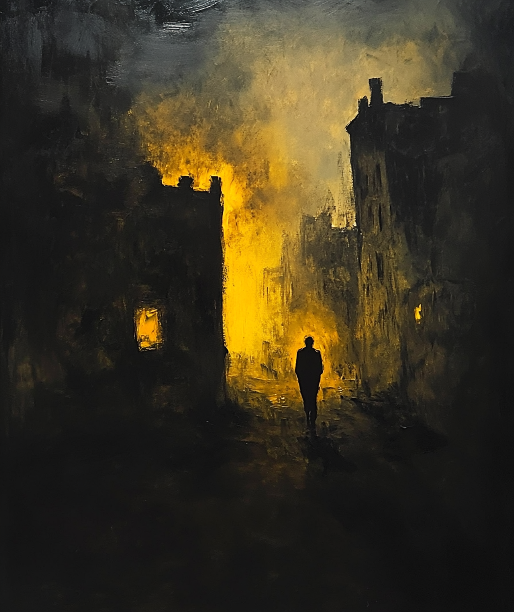 Dark cityscape with fog, eerie atmosphere, two silhouettes.