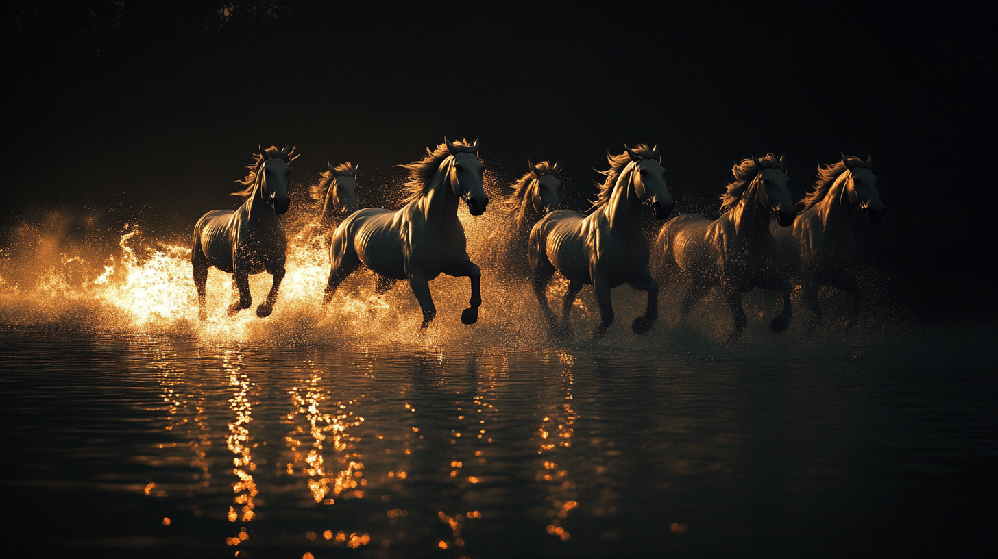 Dark dreamy galloping horses leaving fiery trails behind.