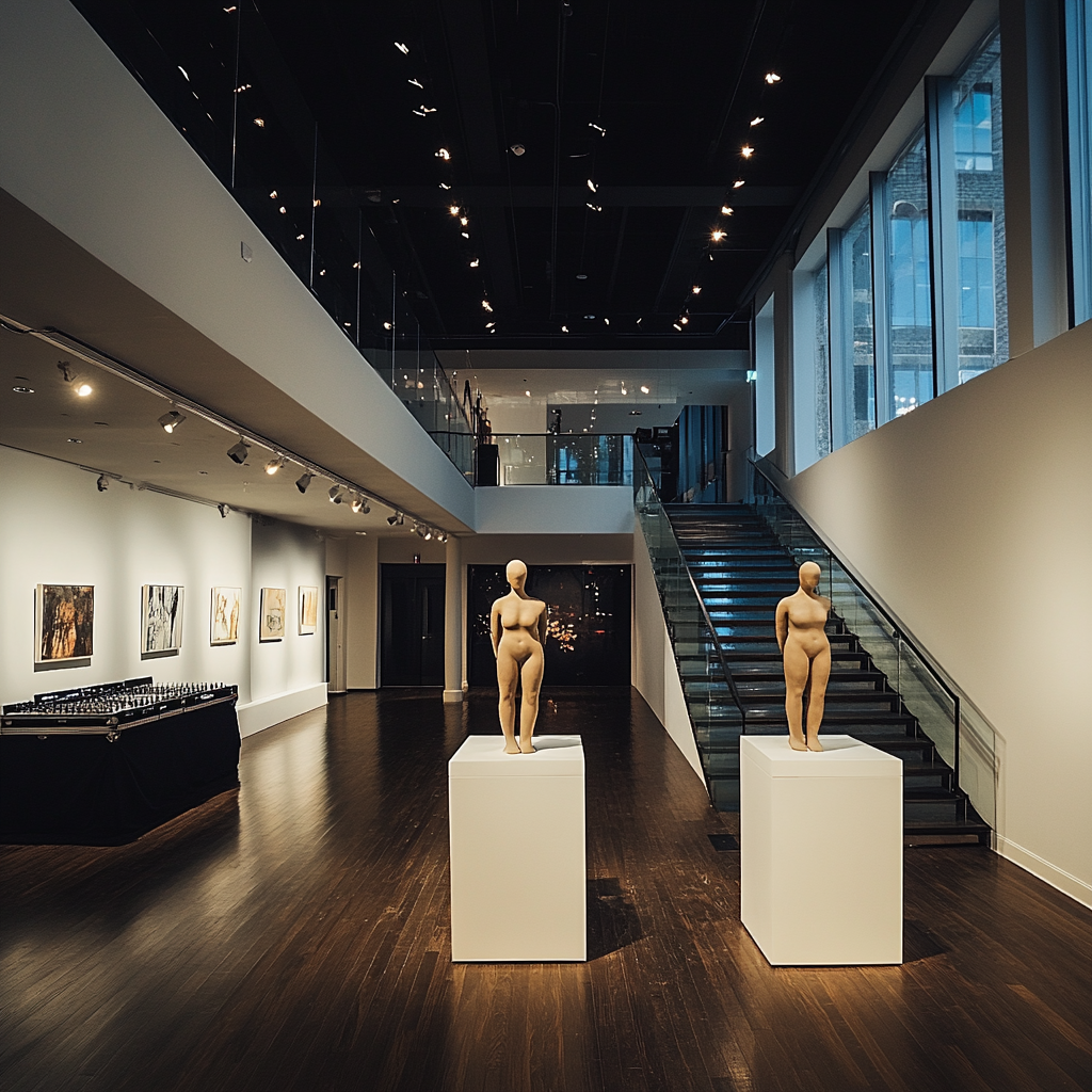 Dark evening event in modern gallery room with mannequins.