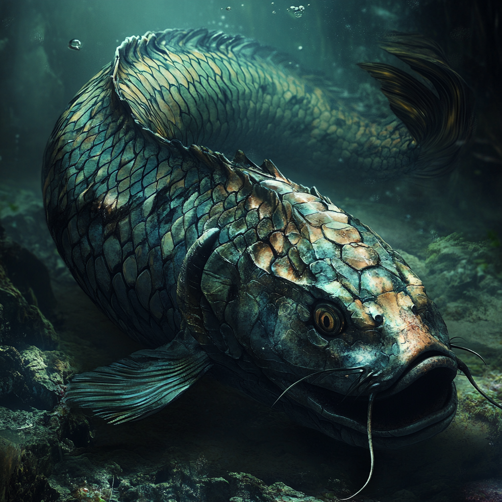 Dark fantasy giant snake-like Chinese regal fish underwater.