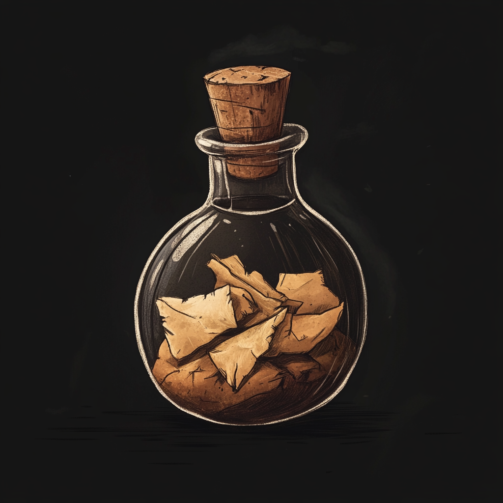 Dark fantasy illustration of tan potion with fabric chunks.