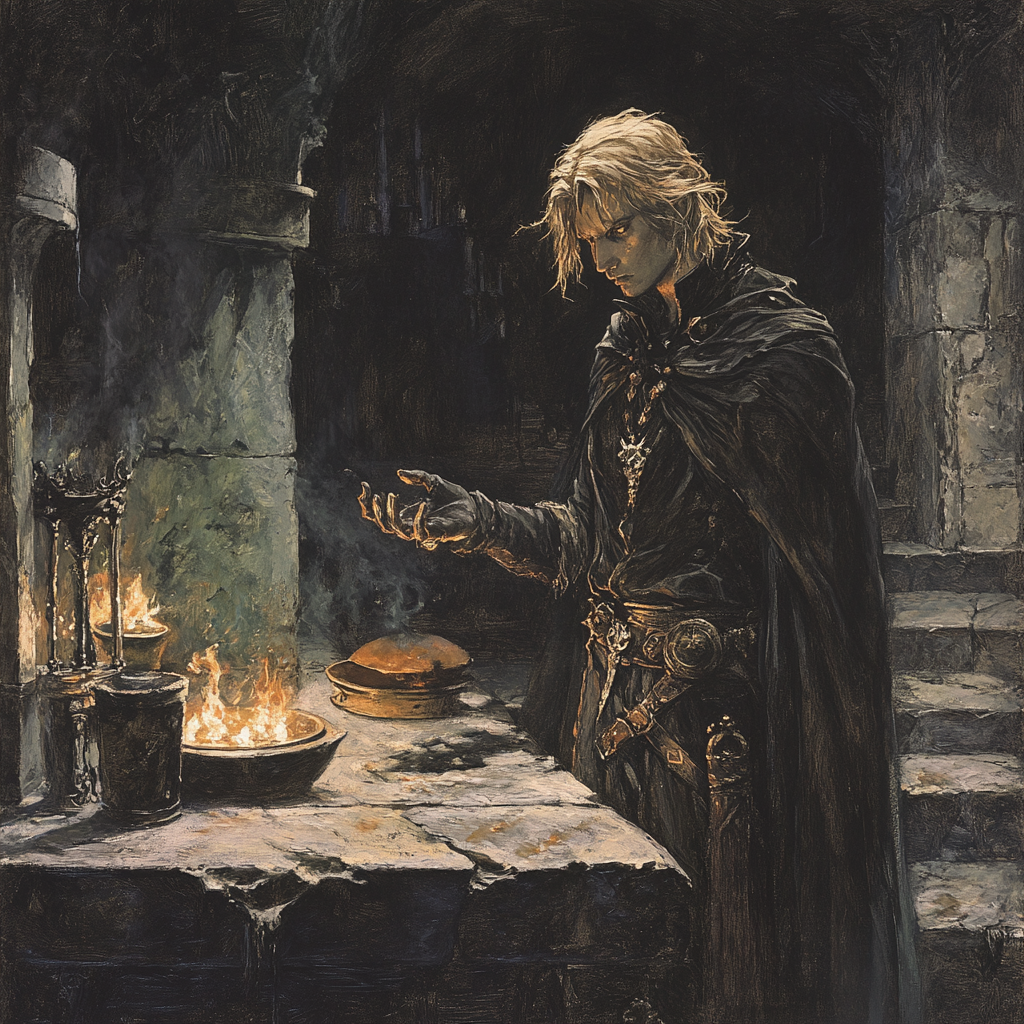 Dark fantasy illustration: young man gazes into flickering flames.