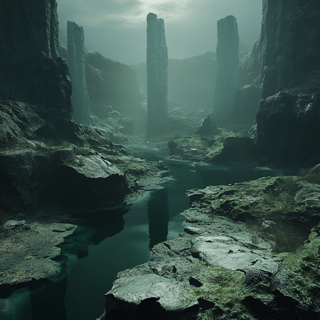 Dark fantasy tundra 3D environment with cinematic dark beauty.