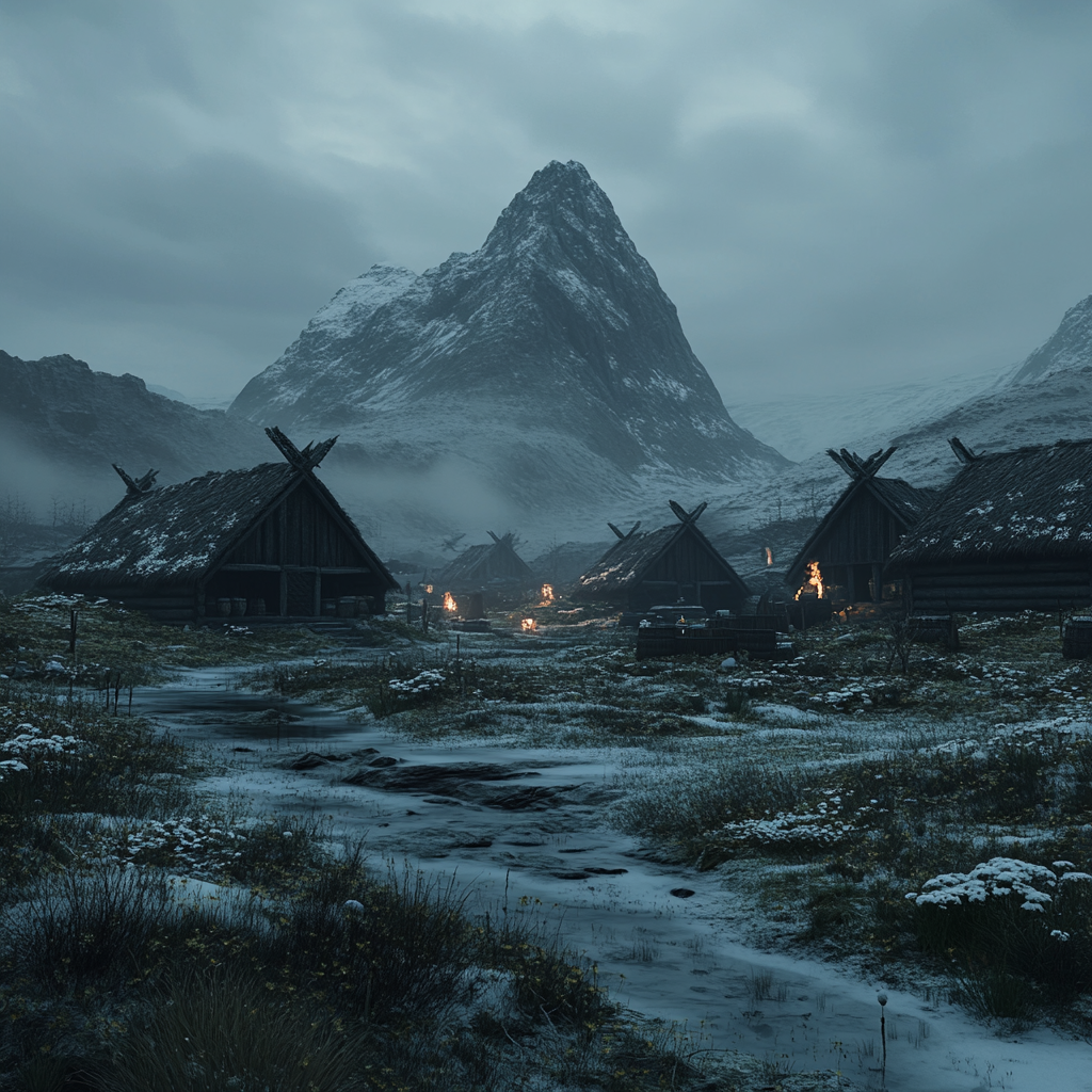 Dark fantasy tundra with small inhabited huts.