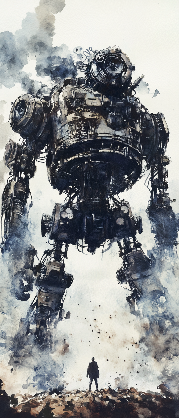 Dark fantasy watercolor art of eerie mechanical construct.