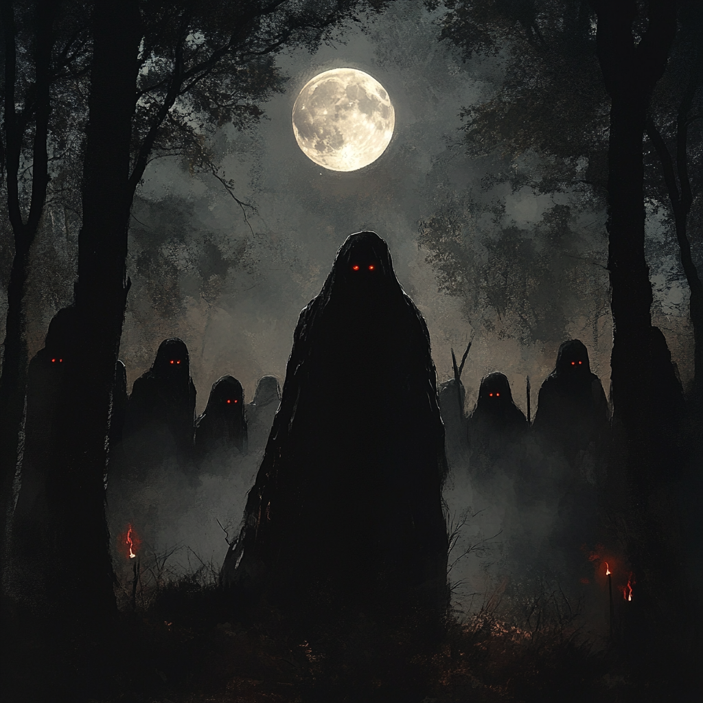 Dark figure in forest with full moon