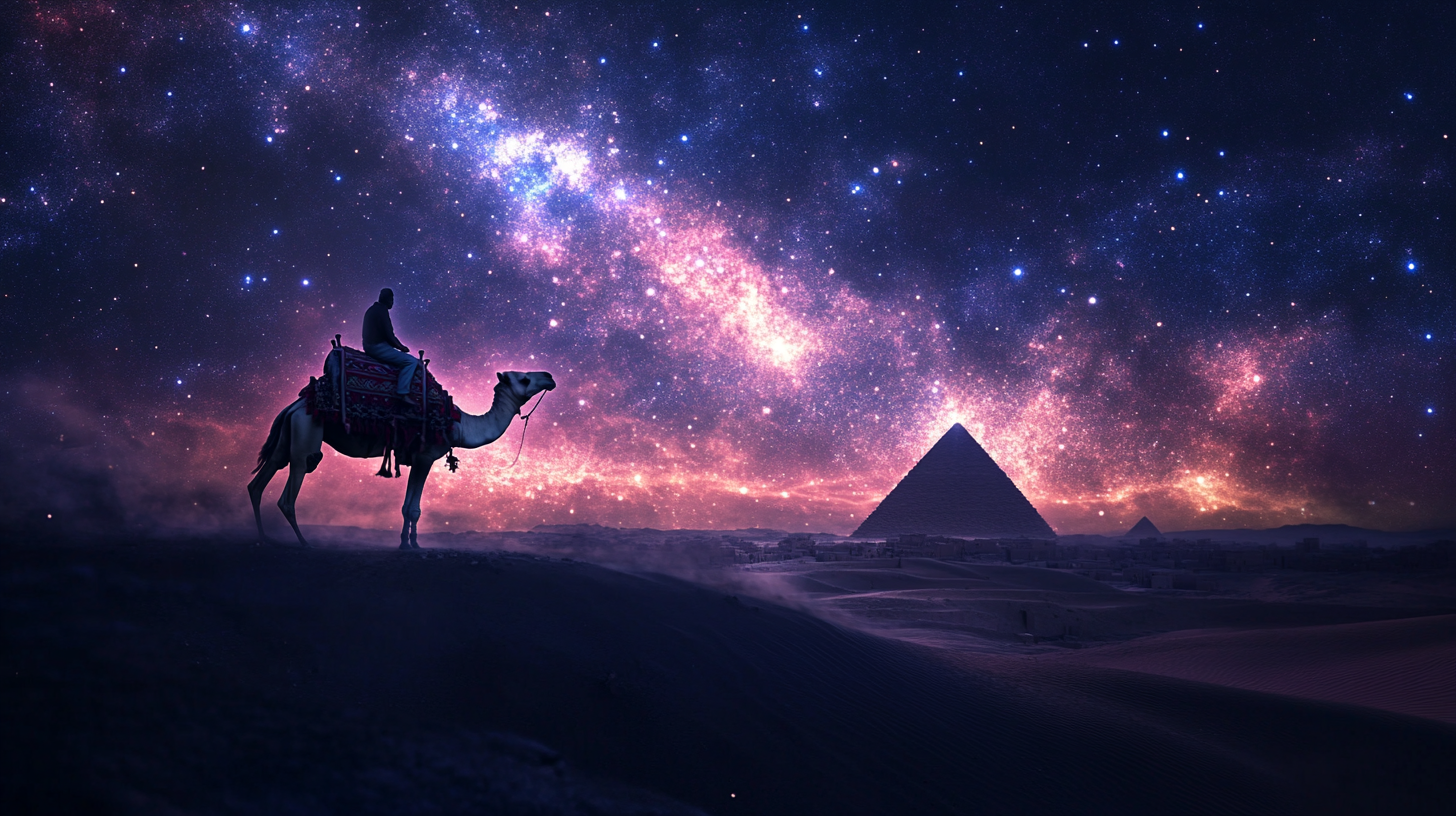 Dark galaxy night sky over Arabian desert with camel rider.