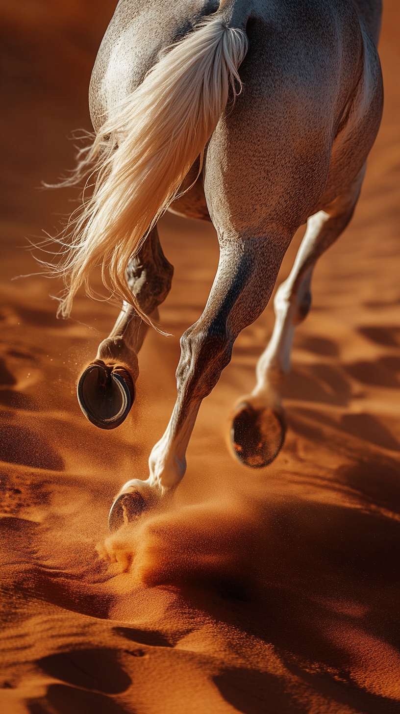 Dark gray horse with white mane running in desert.