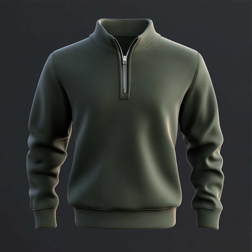 Dark green quarter zip jacket floating realistically in air.