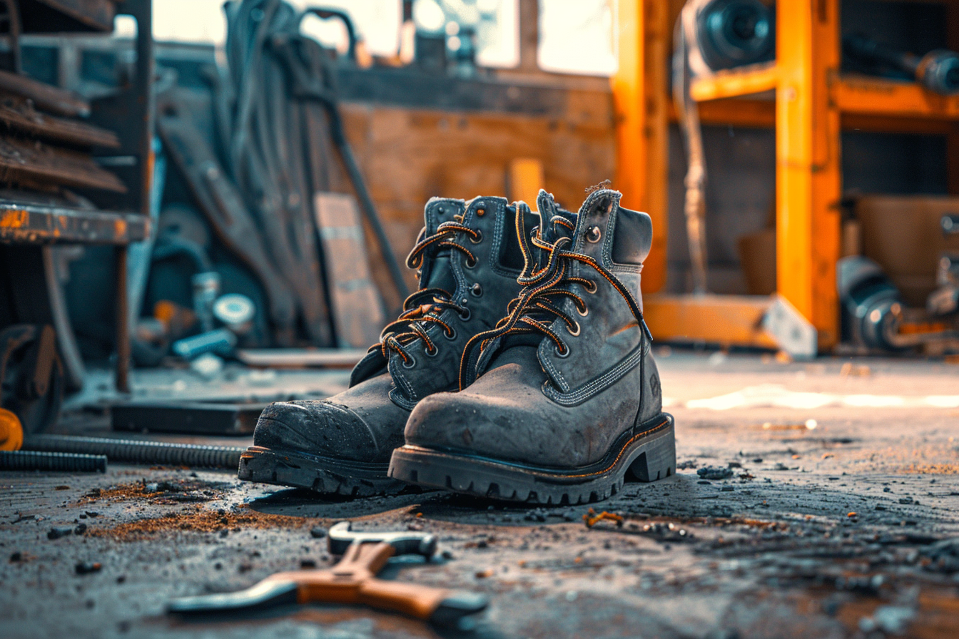 Dark grey boots and tools on workshop floor display.