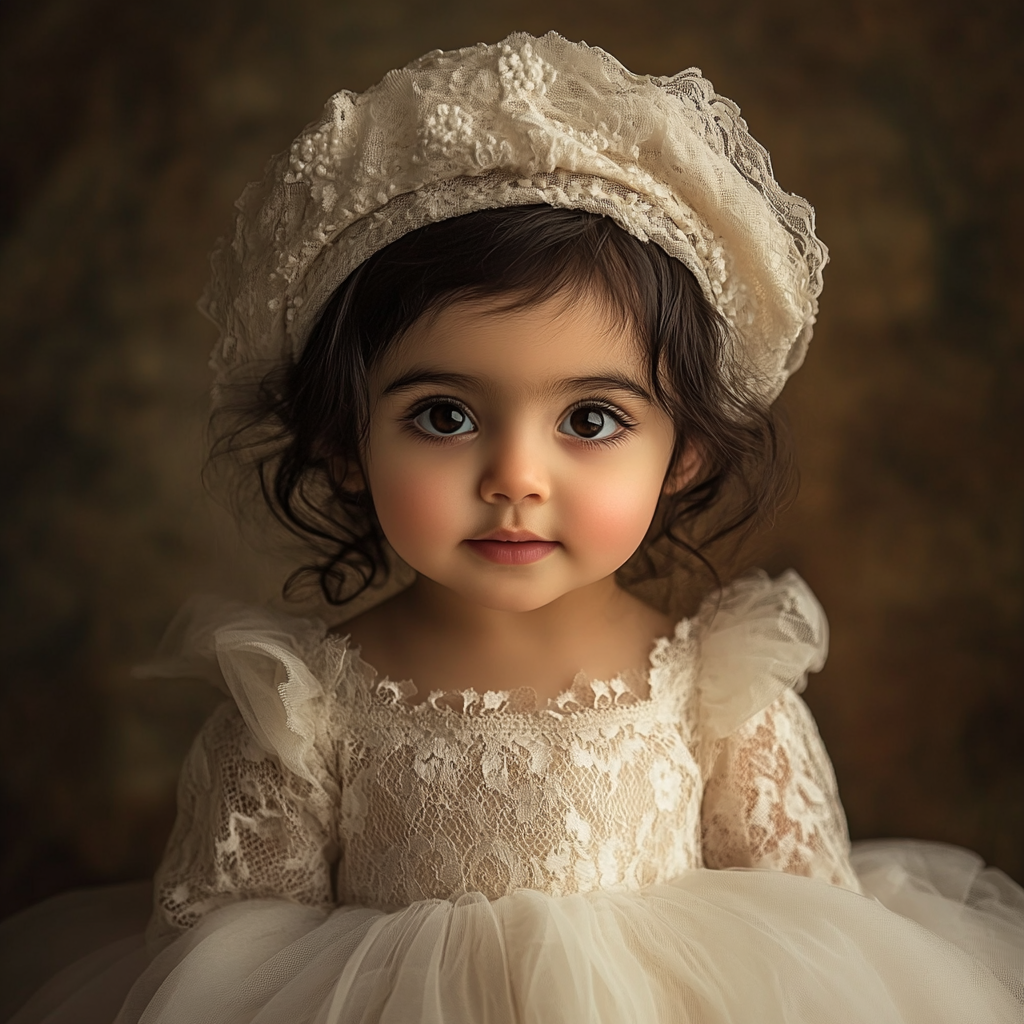 Dark hair, tulle dress, lace details; gentle, innocent expression.