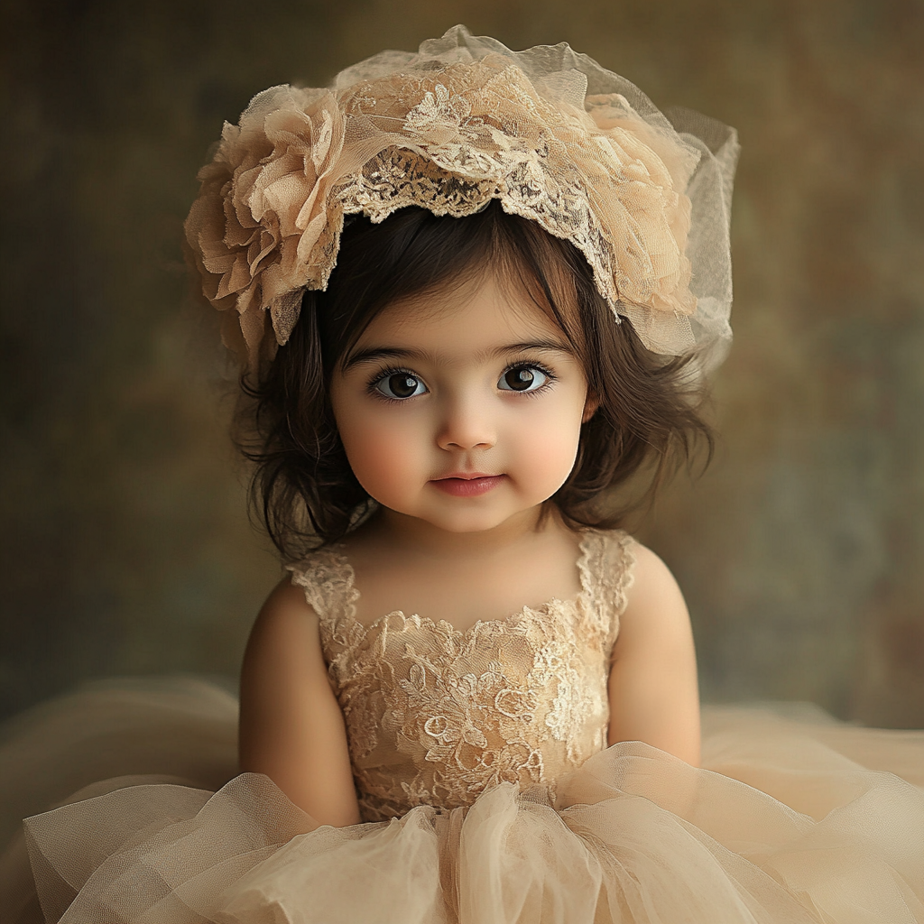 Dark-haired, 1-year-old Iranian girl in lace adorned tulle dress.