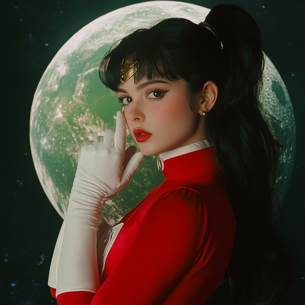 Dark-haired Sailor Moon in red turtleneck poses artistically.