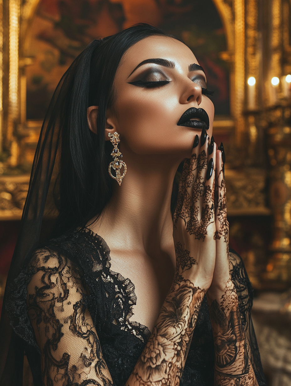 Dark-haired woman in baroque altar praying, elegant look