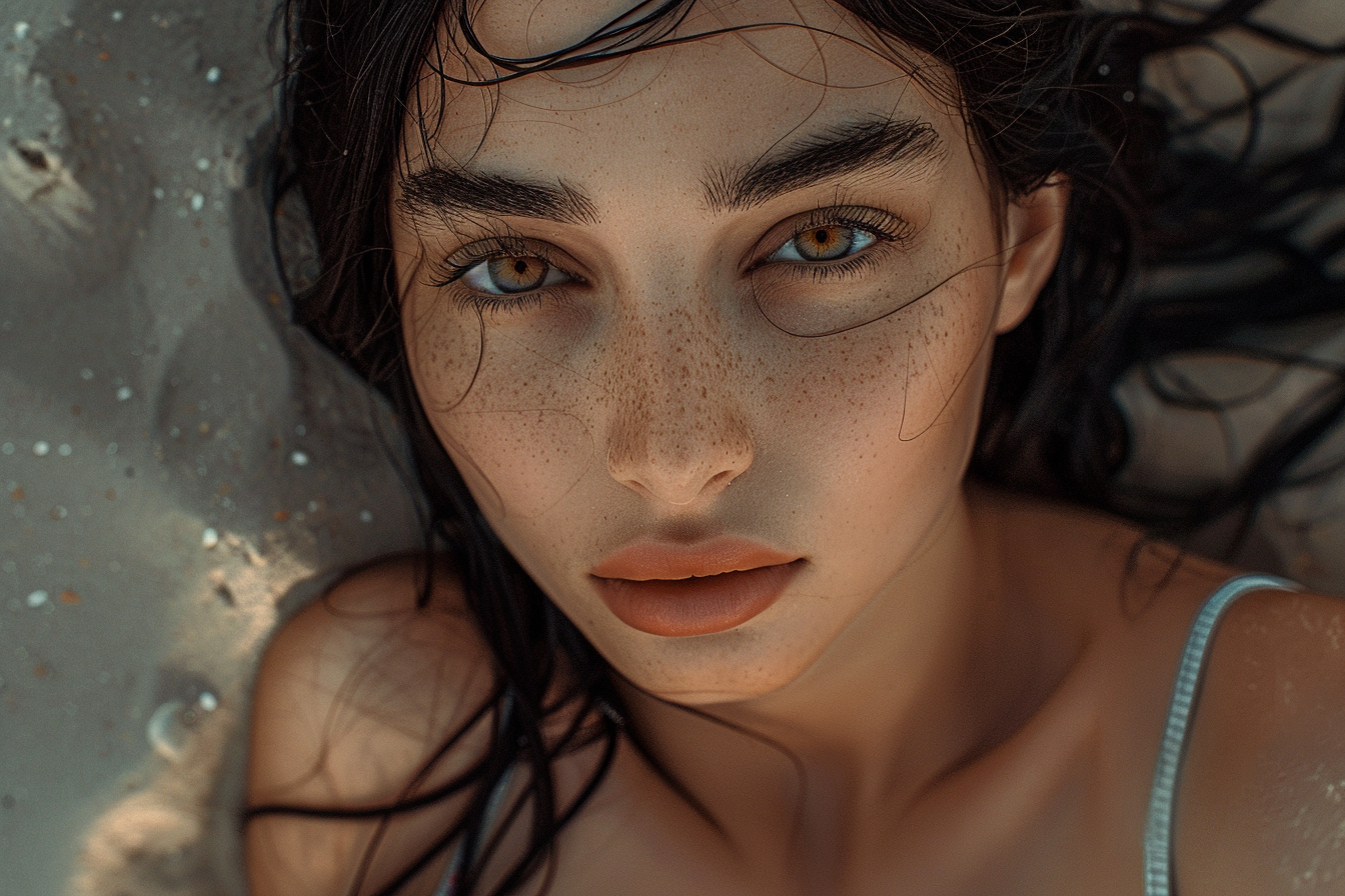 Dark-haired woman playing in sand, realistic portrait photo.