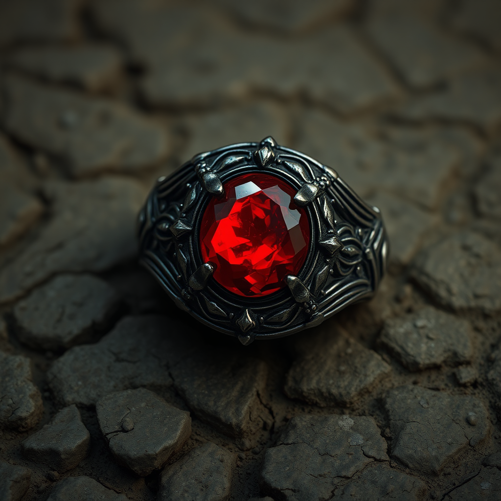 Dark metal ring with red magic stone - Illustration