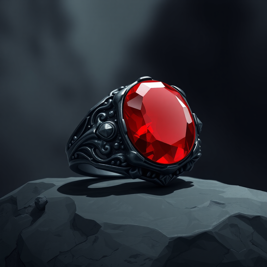 Dark metal ring with red magic stone-Sample AI Image